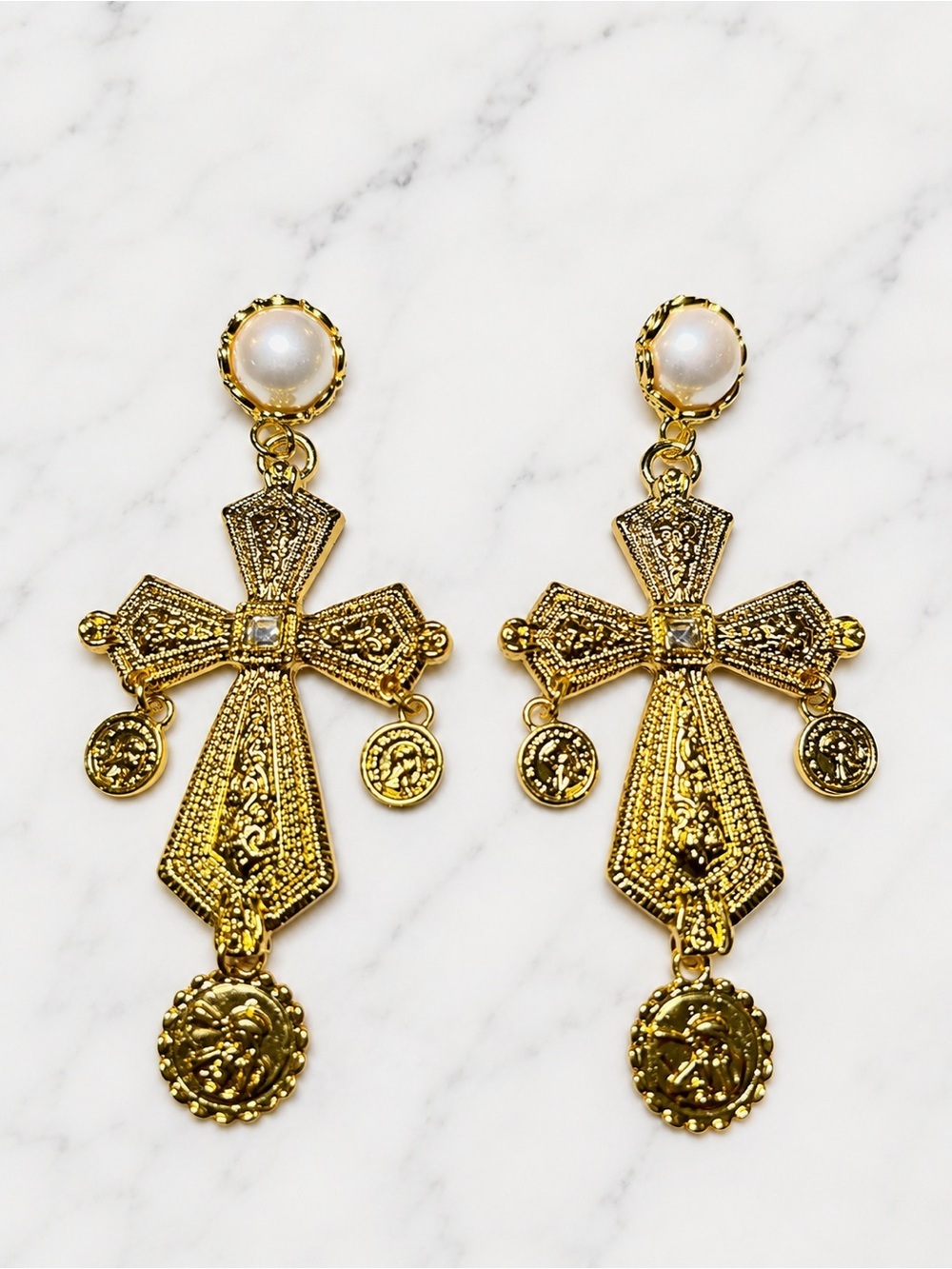 Vintage Palace Style Pearl Cross Drop Earrings – Gold Tone Statement Earrings - Picture 5 of 6